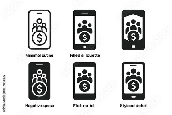 Fototapeta Financial App Logos. Tracking family finances using an app. Icon set. Set Logo of tracking family finances using an app: smartphone with dollar sign.