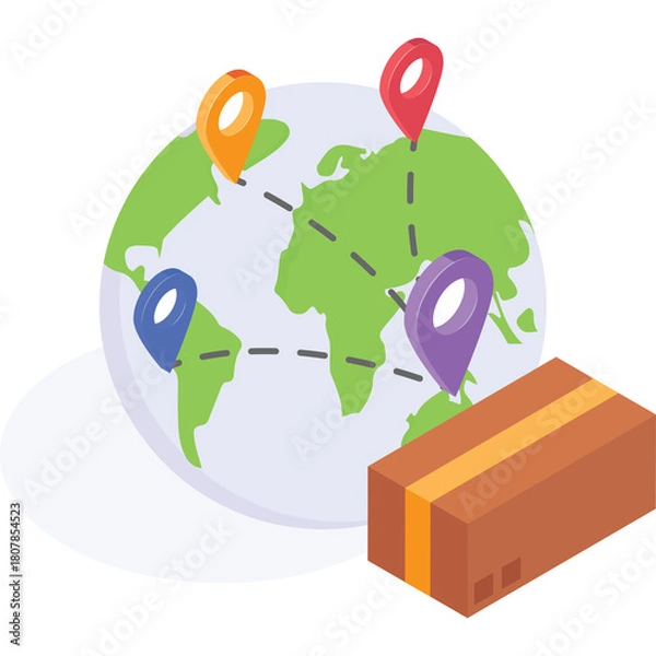 Fototapeta Global Shipping and Logistics Concept Represented By A Cardboard Box and A Stylized Earth Globe with Location Pins Connected by Dashed Lines