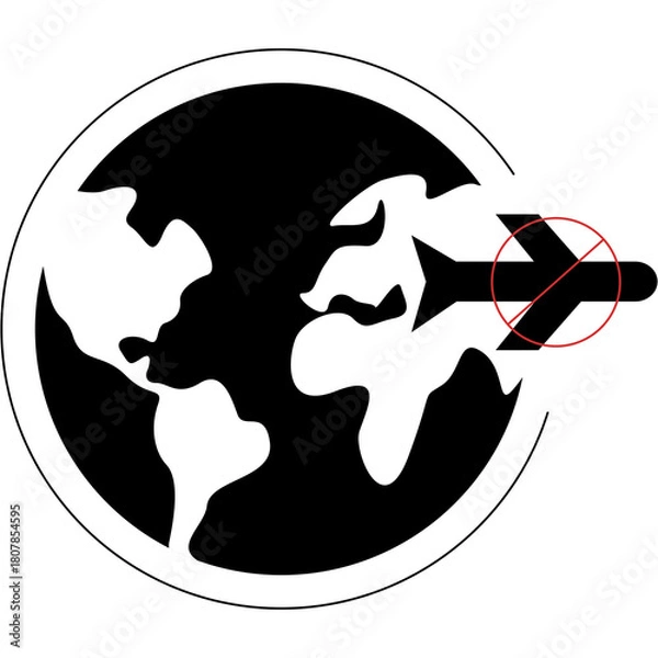 Fototapeta Global Travel Icon with Airplane Silhouette Crossing a World Map Silhouette With Red Circle Crossing Symbol Overlay