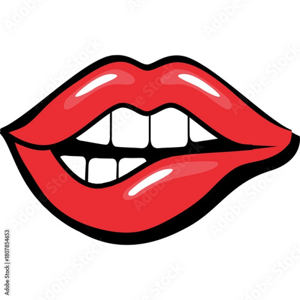 Fototapeta Glossy Red Lips Biting Lower Lip Slightly Open Mouth Showing White Teeth With Black Outline Against White Background Isolated Graphic Illustration