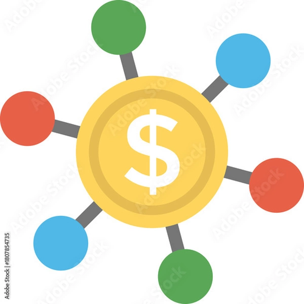 Fototapeta Gold Coin With Dollar Symbol Connected To Colorful Circles On Transparent Background Representing Financial Network And Global Economy