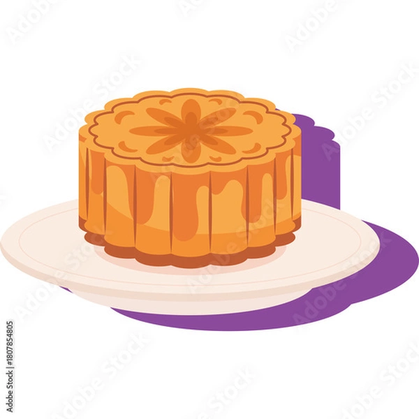 Fototapeta Golden Baked Mooncake with Intricate Pattern on a White Plate with Purple Shadow Isolated on White Background Pixel Art Style