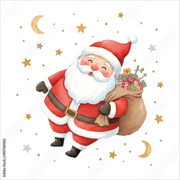 Fototapeta Santa Claus Surrounded by Stars Vector Isolated on White Background Christmas
