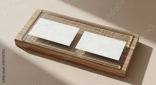 Obraz Clean white rectangular business cards displayed on a minimalist wooden tray with subtle lighting and shadows