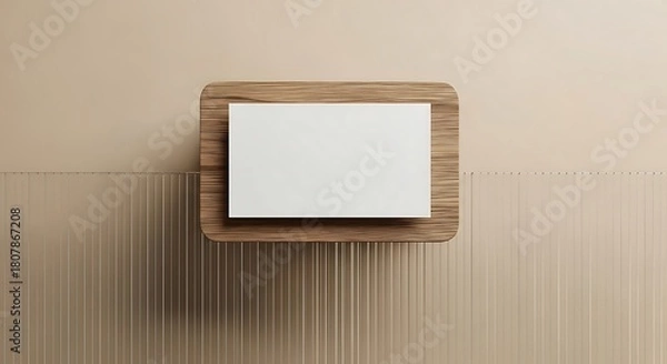 Obraz Minimalist top-down view of a blank white card on a natural wooden tray, perfect for branding mockups and clean design presentations