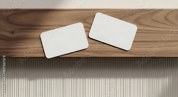 Obraz Two blank business cards with rounded corners on a wooden shelf, a minimalist mockup for branding identity and presentation
