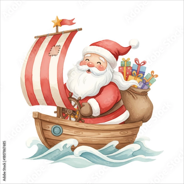 Fototapeta Santa Claus on Sailboat Vector Isolated on White Background Christmas
