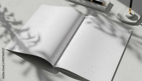 Obraz Clean Blank Open Magazine Mockup on a Minimalist White Desk with Natural Plant Shadows, Perfect for Creative Design and Branding Presentation