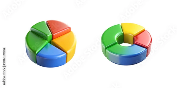 Fototapeta 3D pie charts isolated on white background, multicolor sections in yellow, red, green and blue, smooth glossy surfaces with deep circular bases.