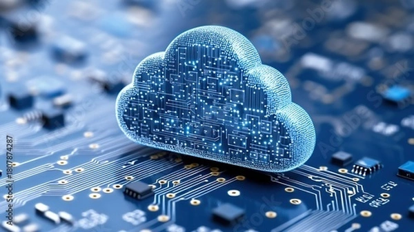 Obraz A conceptual image depicting a digital cloud symbol resting on a circuit board, representing cloud computing technology.