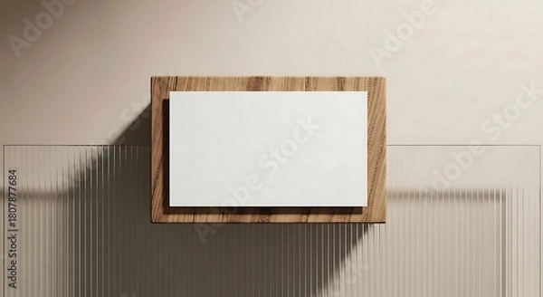 Obraz Blank white rectangle on a wooden surface with ribbed glass in the background