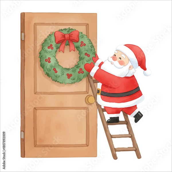 Fototapeta Santa Claus hanging wreath vector isolated white background Christmas
