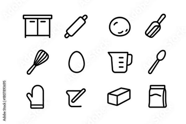 Fototapeta Baking Prep Icons. Baking preparation. Line icon set of baking preparation: countertop, rolling pin, dough ball, flour scoop, whisk, egg, measuring cup, spoon,