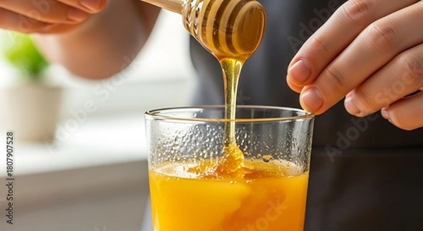 Obraz Person drizzles golden honey into a glass, creating a sweet beverage