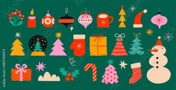 Obraz Colorful retro Christmas icons collection. Snowman, Christmas trees, ornaments and other holiday elements set.