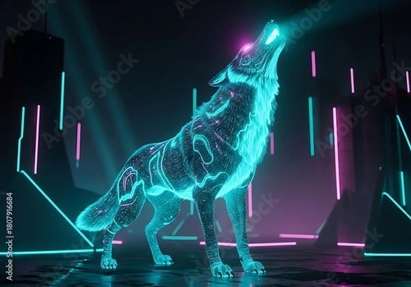 Obraz Futuristic wolf illuminated by neon lights stands out in the darkness