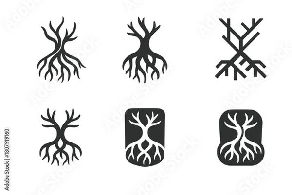 Fototapeta Invasive Species Icons. Invasive species. Icon set. Set Logo of invasive species: roots and branches intertwining unnaturally. harmonious logo variations of