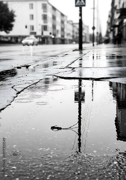 Obraz Monochrome after rain reflection city sidewalk, urban scenery