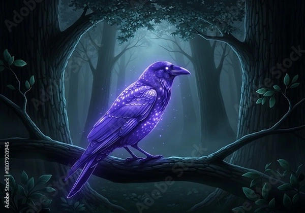 Obraz Mystical Indigo Raven Perched in an Enchanted Forest Clearing at Night