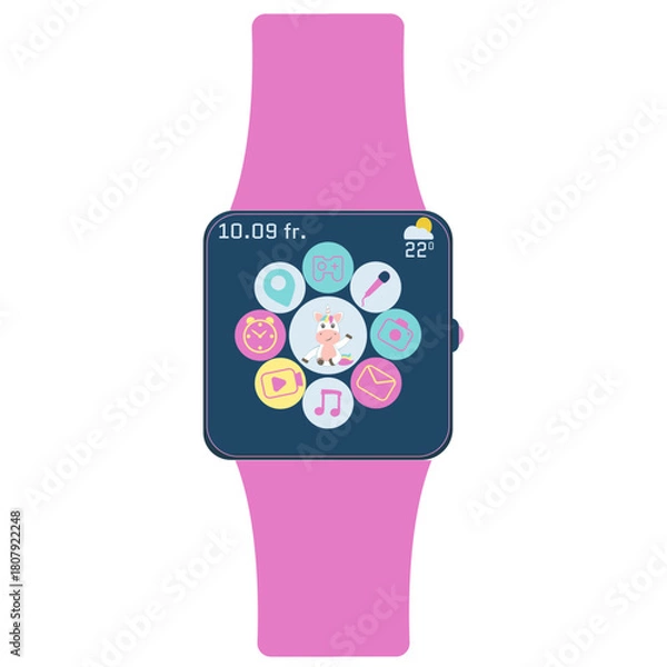 Obraz Smartwatch for kids, unicorn in the center, game console, microphone, music notes, clock, alarm clock, map, video, camera, functions
