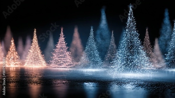 Fototapeta Illuminated christmas trees reflecting in water against a dark background create a festive scene.