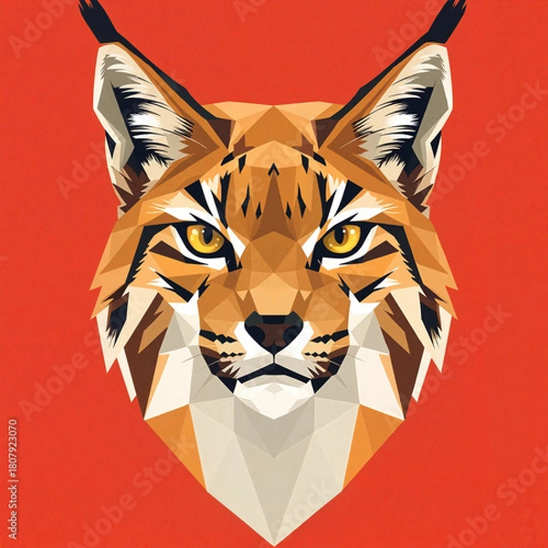 Fototapeta Geometric illustration of a lynx's face with a striking gaze against a red background