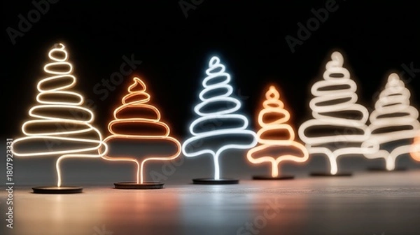 Fototapeta Six stylized christmas trees with glowing neon lights on a dark background.