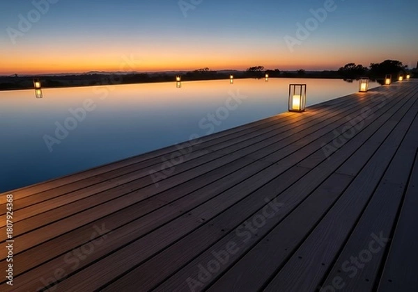 Fototapeta Tranquil infinity pool reflecting vibrant sunset hues and glowing lanterns