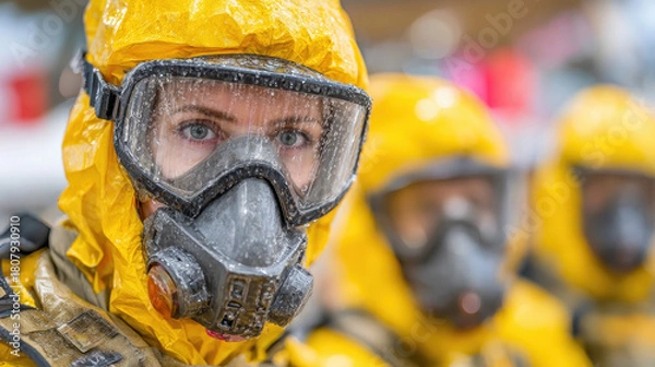 Obraz Person wearing yellow hazmat suit with full-face respirator mask and goggles standing in line during emergency response training exercise indoors