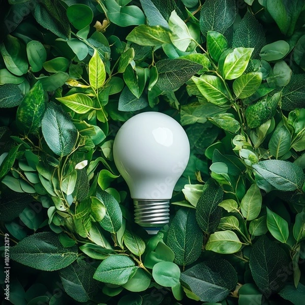 Fototapeta Eco Bulb Surrounded by Green Leaves, Sustainable, Energy saving  high resolution   for isolate image