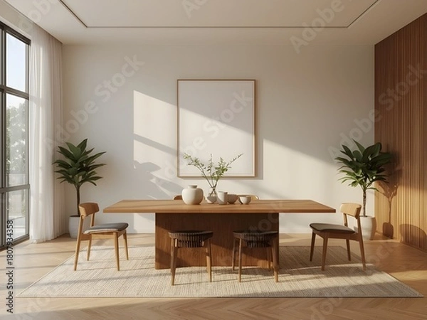 Obraz Elegant modern dining room interior with a large wooden table, stylish chairs, green potted plants, and a blank picture frame on a white wall, illuminated by natural sunlight and warm light