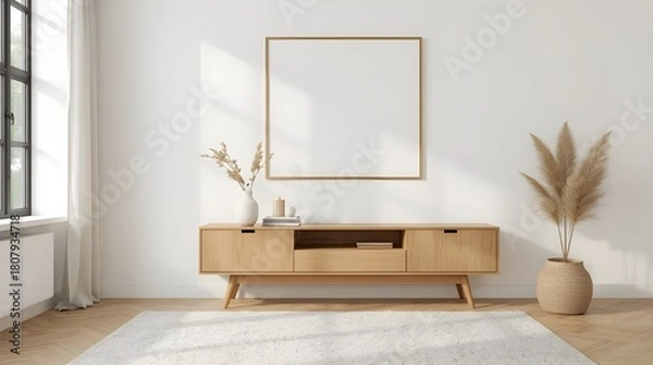Obraz Modern minimalist living room with a blank horizontal picture frame mockup on a white wall, wooden tv cabinet, rattan chair, green plant, and natural sunlight