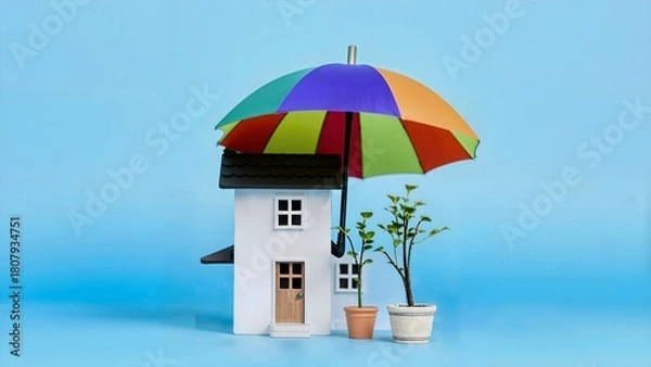 Obraz Hausmodell unter einem Regenbogen Regenschirm  