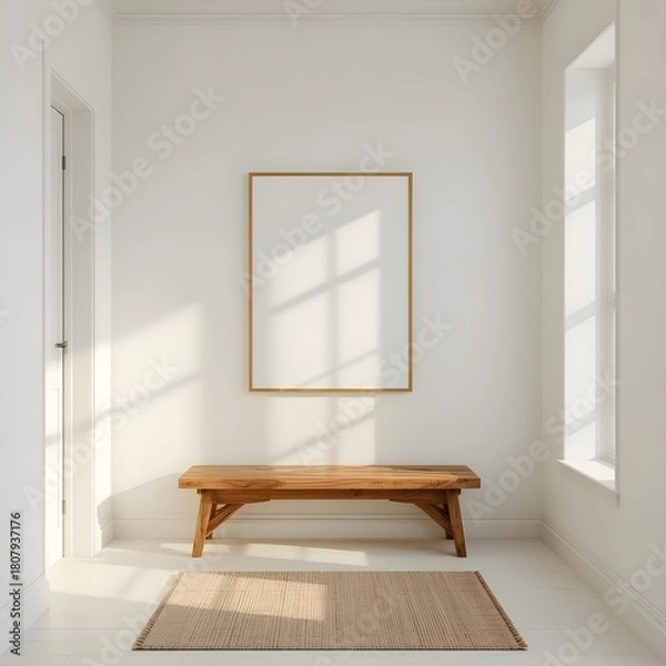 Obraz A bright and minimalist hallway or entryway interior with a rustic wooden bench, a textured rug, and a blank vertical picture frame on a clean white wall, featuring natural light from a large window