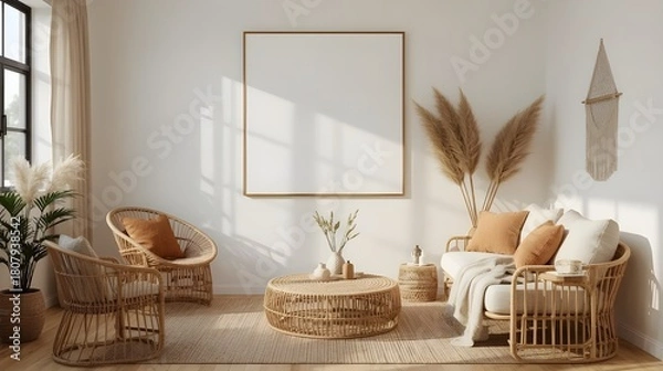 Obraz Cozy bohemian living room interior with natural rattan furniture, including a sofa, armchairs, and coffee table, adorned with pampas grass, plants, and a blank square frame on a white wall