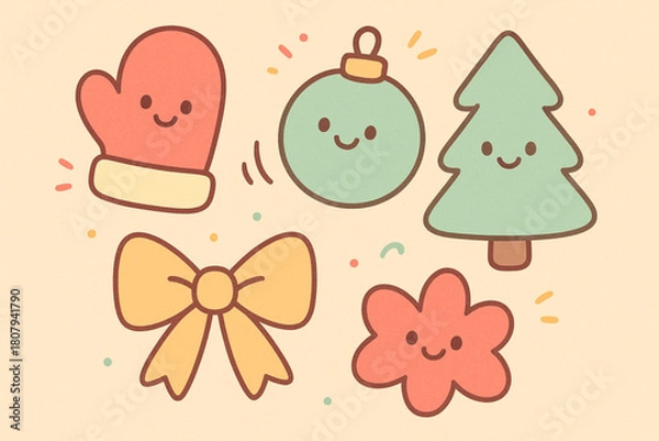 Obraz Cheerful cartoon Christmas icons—mitten, ornament, tree, and bow with smiling faces on beige with stars. Festive and fun, ideal for kids’ holiday designs, decor, and seasonal branding