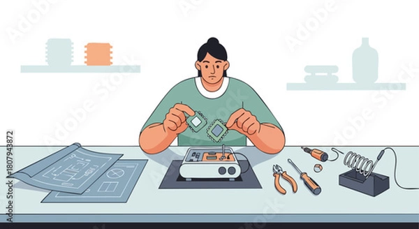 Fototapeta Female Electrical Engineer Assembling or Repairing Electronic Circuit Board and Microchips with Tools and Blueprints