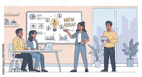 Fototapeta Businesswoman Presenting a New Idea and Financial Strategy with Charts and Light Bulb to Her Team in a Modern Office