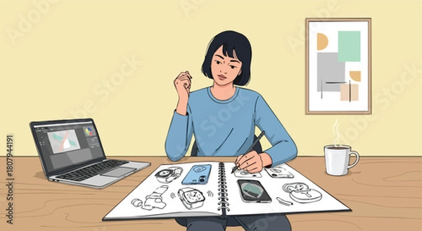 Fototapeta Female Product Designer Sketching Concepts for Smart Devices and Gadgets in a Notebook at Her Desk