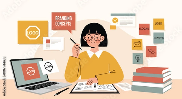 Fototapeta Female Graphic Designer Brainstorming and Sketching Branding Concepts, Logos, and Slogans at Her Desk