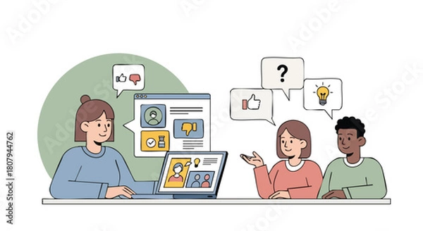 Fototapeta Diverse Team of Coworkers Discussing User Feedback and Brainstorming New Ideas During an Online Video Call Meeting