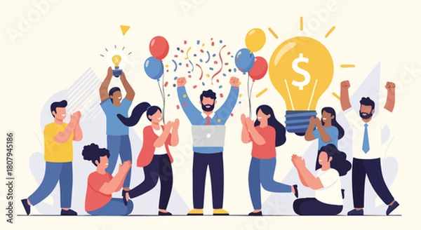 Fototapeta Successful Business Team Celebrating Big Idea Success and Financial Achievement with Light Bulb, Balloons, and Confetti