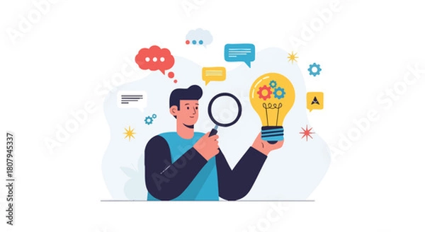 Fototapeta Man Analyzing a Complex Business Idea Light Bulb with Gears and Magnifying Glass While Thinking and Communicating