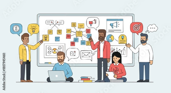 Fototapeta Business Team Collaboration Brainstorming Project Ideas and Strategy Flowchart on Whiteboard During Meeting
