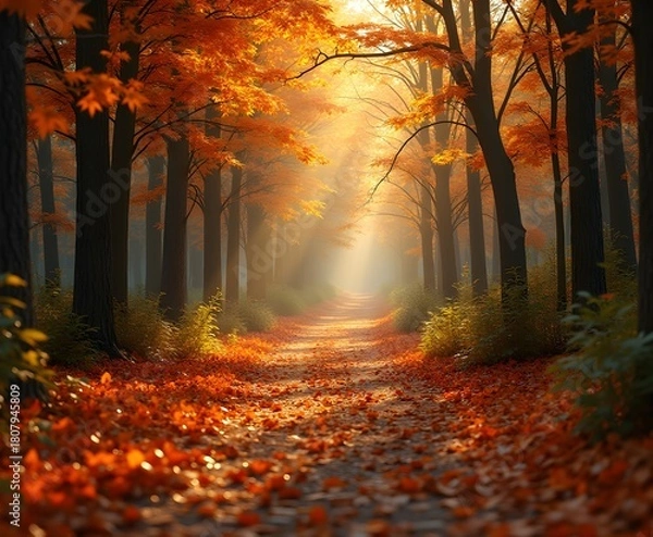 Fototapeta Autumn Forest Path Covered with Fallen Leaves and Golden Light