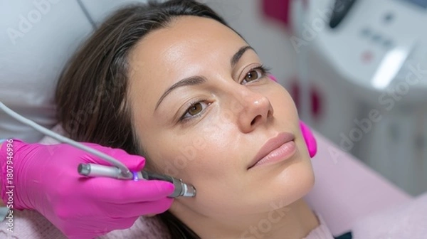 Fototapeta Facial Treatment with Microdermabrasion Tool on Smooth Skin