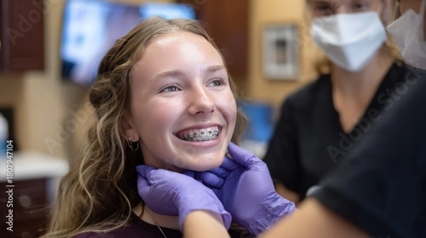 Fototapeta Young Girl with Braces Smiling at Orthodontist Appointment