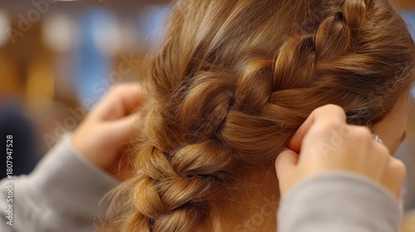 Obraz Hair Styling Process with Beautiful Braid Being Formed by Hands