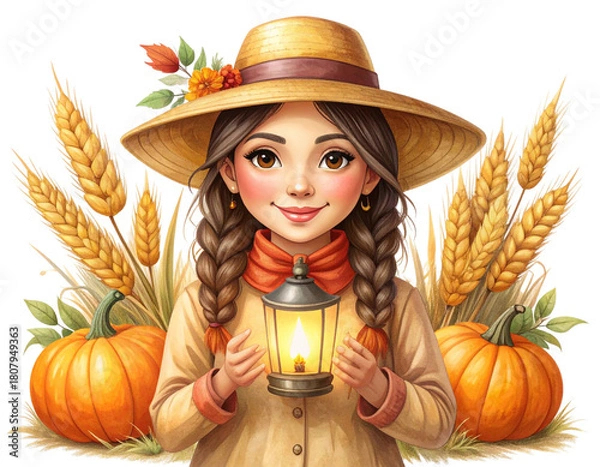 Fototapeta  Friendly Scarecrow with Lantern, Autumn Harvest Scene, Soft Hand-Drawn Illustration, Isolated