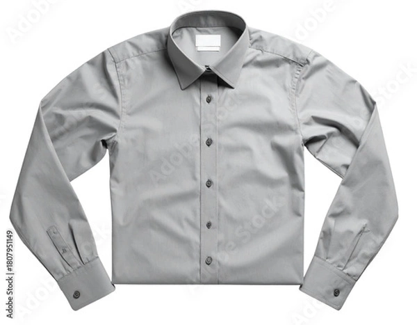 Fototapeta Grey Dress Shirt Flat Lay with Spread Sleeves, Top-Down Perspective, Isolated